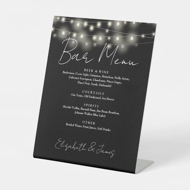 Black And White String Lights Script Bar Menu Pedestal Sign (Front)