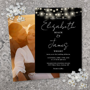 Black And White String Lights Script Photo Wedding Invitation