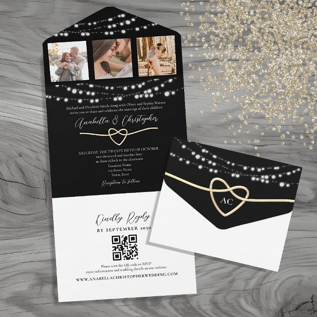Black and White String Lights Wedding QR Code All In One Invitation (Creator Uploaded)