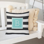 Black and White Stripe Aqua Monogram Outdoor Cushion<br><div class="desc">Add bold,  modern style to your patio,  deck or pool with our monogrammed outdoor throw pillow in chic black and white with a pop of aqua. Design features wide black and white horizontal stripes on both sides,  with your single initial monogram on the front in vibrant,  summery turquoise aqua.</div>