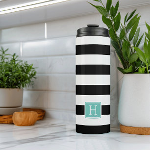 Black and White Stripe Aqua Monogram Thermal Tumbler
