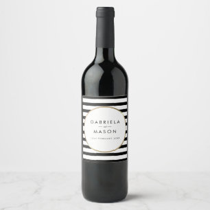 Black and White Stripe Chic Gold Wedding Wine Label