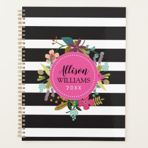 Black and White Stripe Floral Planner