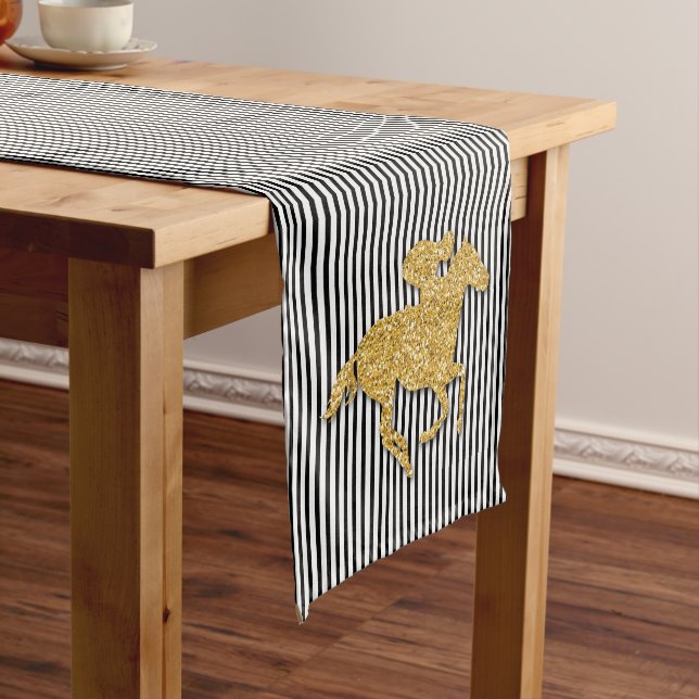 Black and White Stripe Gold Racehorse Short Table Runner (In Situ)