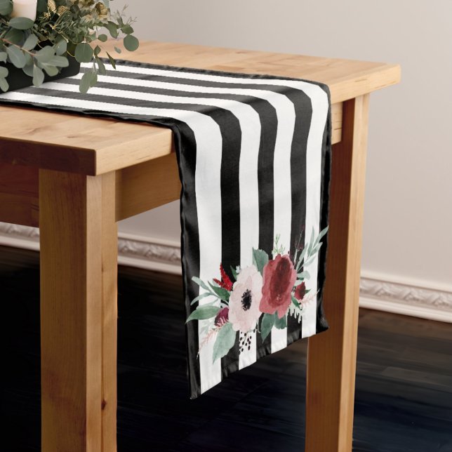 Black and White Stripe Magenta Floral Wedding Medium Table Runner (Creator Uploaded)