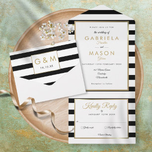 Black And White Stripe Modern Gold Wedding All In One Invitation