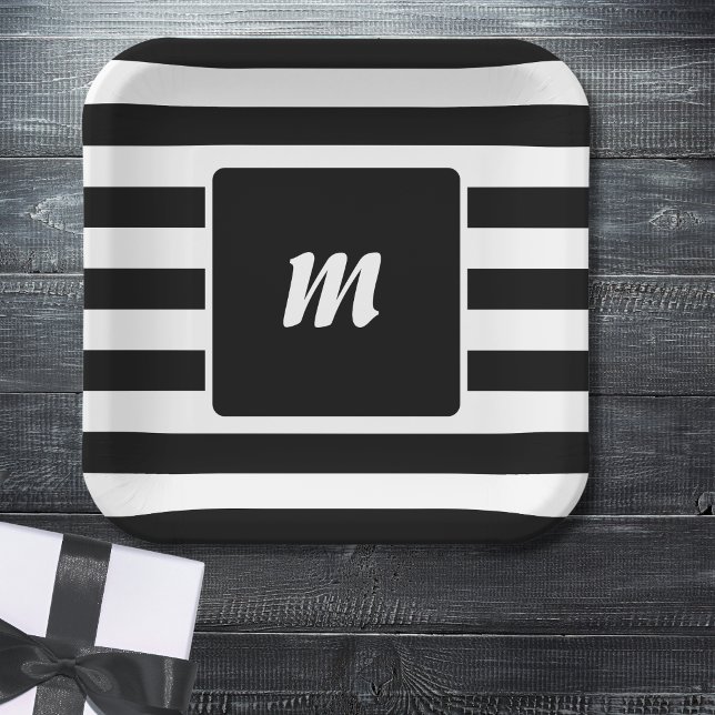 Black and White Stripe Monogram Paper Plate (Creator Uploaded)