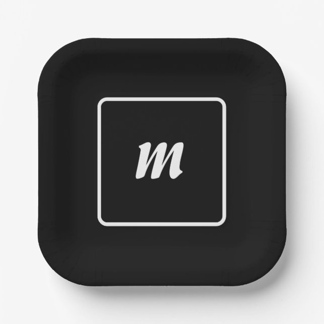 Black and White Stripe Monogram Paper Plate (Front)