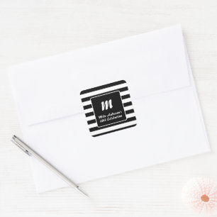 Black and White Stripe Monogram Square Sticker