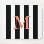 Black and white stripe monogrammed mouse pad<br><div class="desc">Black and white striped monogrammed mouse pad. Coral text. Customisable.</div>