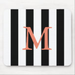 Black and white stripe monogrammed mouse pad<br><div class="desc">Black and white striped monogrammed mouse pad. Coral text. Customisable.</div>
