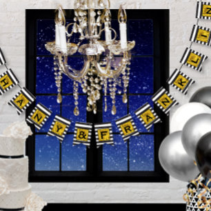 Black and White Stripe Pattern with Gold Wedding Bunting