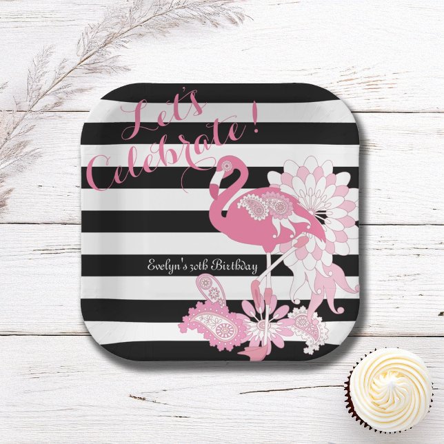 Black and White Stripe Pink Flamingo Birthday Paper Plate (Creator Uploaded)