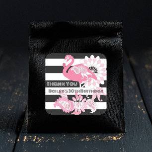Black and White Stripe Pink Flamingo Birthday Square Sticker