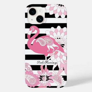 Black and White Stripe Pink Flamingo Case-Mate iPhone 14 Case