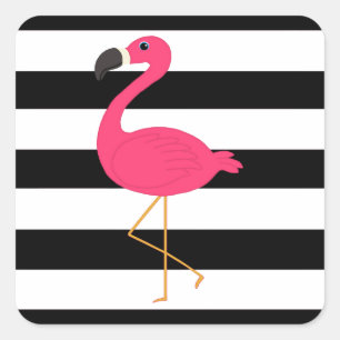 Black and White Stripe Pink Flamingo Square Sticker