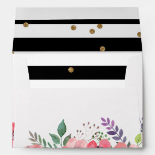 Black and white stripe, pink floral & gold glitter envelopes