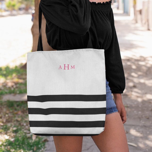 Black and White Stripe Pink Monogram Tote Bag (Creator Uploaded)