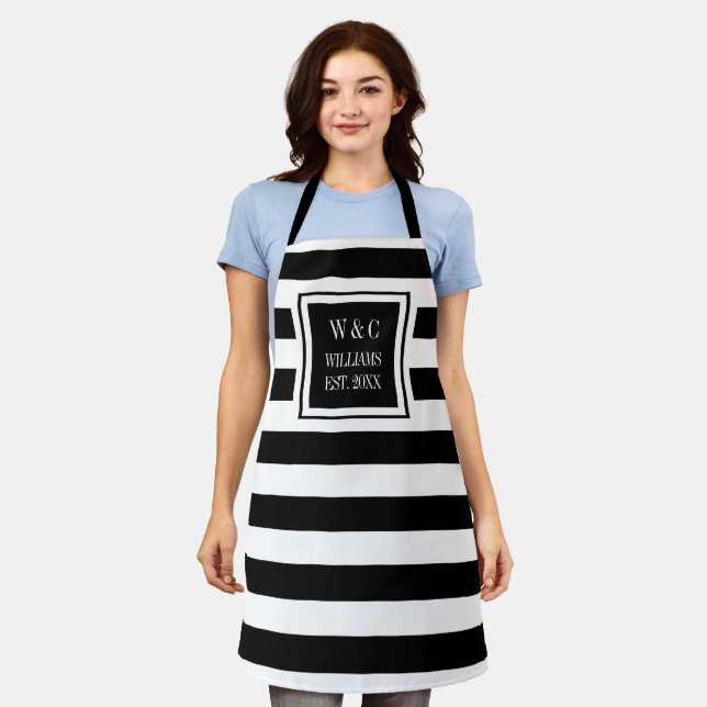 Black And White Stripe Trendy Monogram Family Name Apron (Worn)
