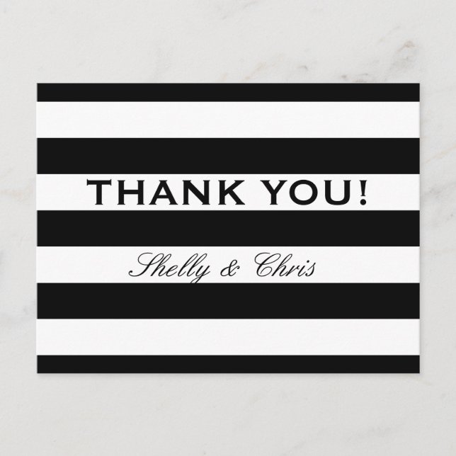 Black and white stripe wedding thank you postcards (Front)