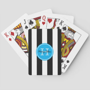 Black and White Stripe With Bright Blue Monogram Playing Cards