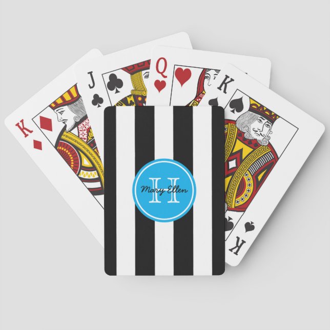 Black and White Stripe With Bright Blue Monogram Playing Cards (Back)