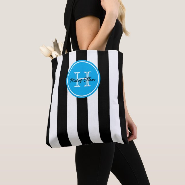 Black and White Stripe With Bright Blue Monogram Tote Bag (Close Up)