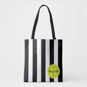 Black and White Stripe With Lime Green Monogram Tote Bag