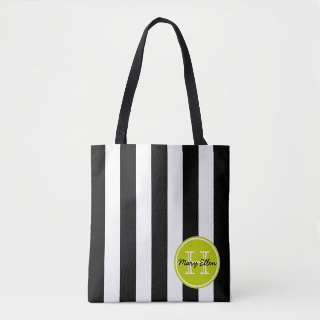 Black and White Stripe With Lime Green Monogram Tote Bag (Front)