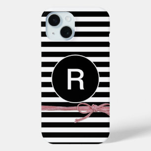 Black and White Stripe with Monogram and Bow iPhone 15 Case