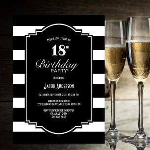 Black and White Striped 18th Birthday Party Invitation