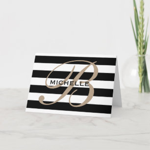 Black and white striped classy monogram note cards