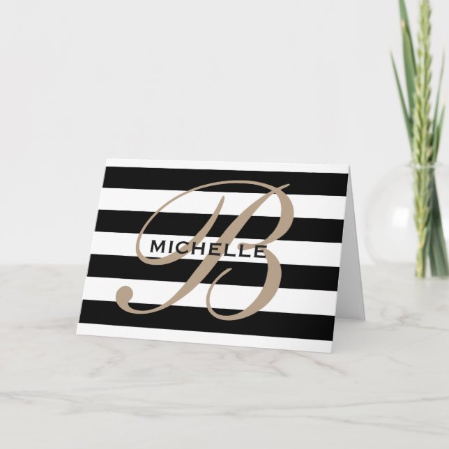 Black and white striped classy monogram note cards (Front)