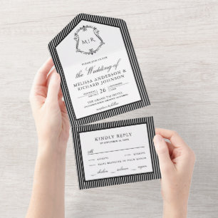 Black and White Striped Crest Monogram Wedding All In One Invitation
