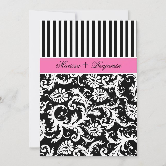 Black and White Striped Damask Wedding Invite (Front)