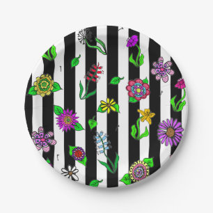 Black and White Striped Floral Paper Plate
