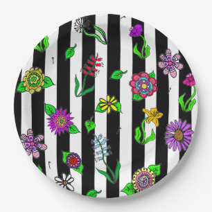 Black and White Striped Floral Paper Plate