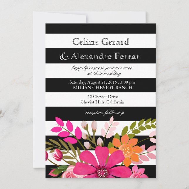Black and White Striped Flowers Wedding fuchsia Invitation (Front)
