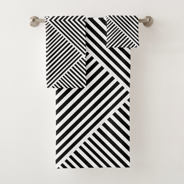 Black and White Striped Geometric Pattern Bath Towel Set (Insitu)