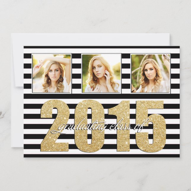 Black and White Striped, Glitter Gold Graduation Announcement (Front)