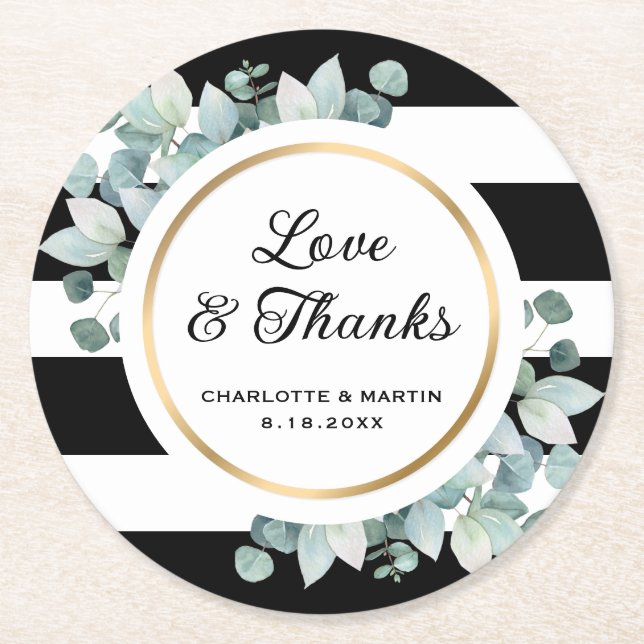 Black and White Striped Greenery Eucalyptus Round Paper Coaster (Front)