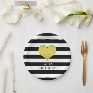 Black And White Striped Happy Birthday Gold Heart Paper Plate