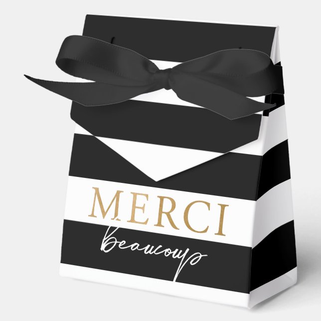 Black and White Striped Merci Beaucoup  Favour Box (Front)