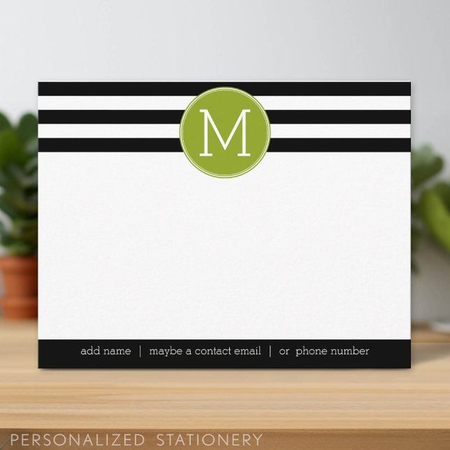 Black and White Striped Monogram Thank You Note Invitation (Personalized Stationery)