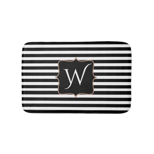 Black and White Striped Monogrammed Bath Mat (Front)