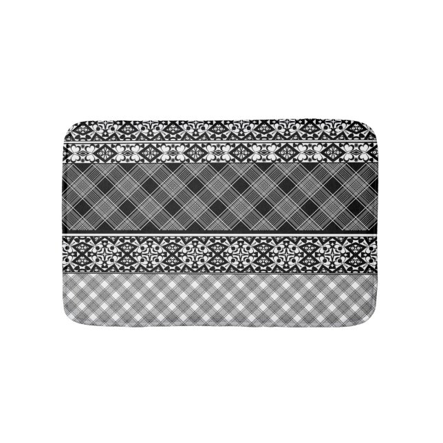 Black and white striped patchwork with lace bath mat (Front)