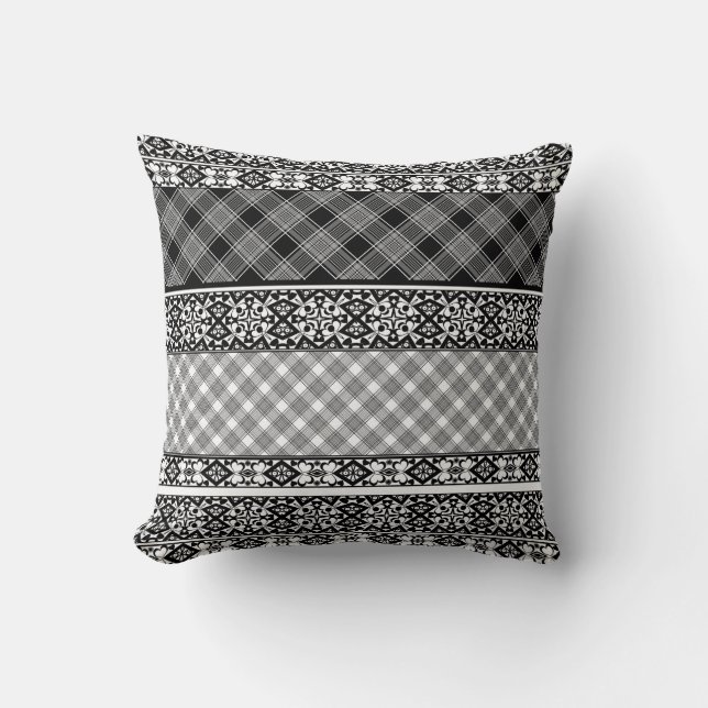 Black and white striped patchwork with lace cushion (Front)