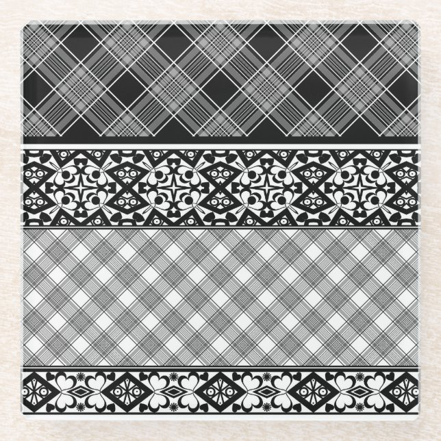 Black and white striped patchwork with lace glass coaster (Front)