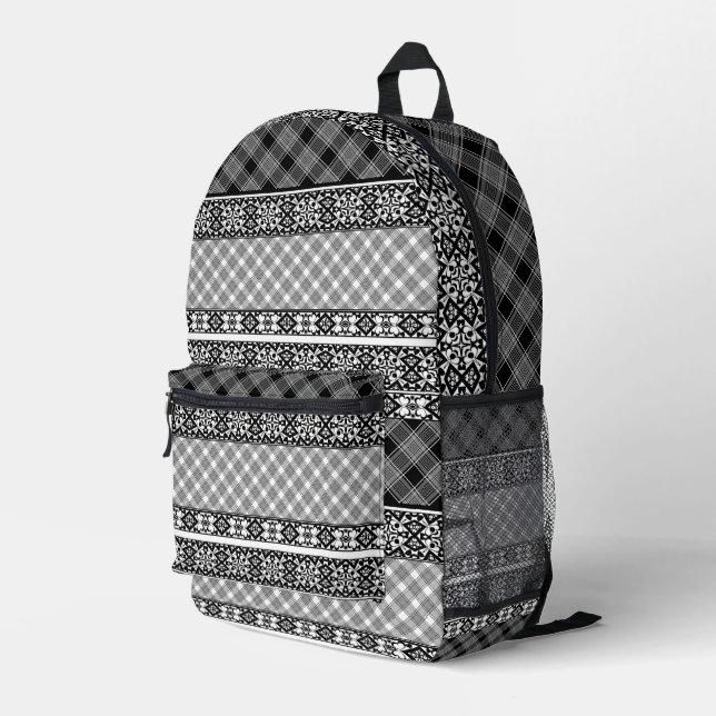 Black and white striped patchwork with lace printed backpack (Back Corner Right)