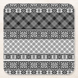 Black and white striped patchwork with lace square paper coaster